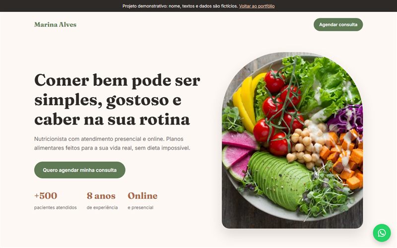 Landing page de demonstração de uma nutricionista